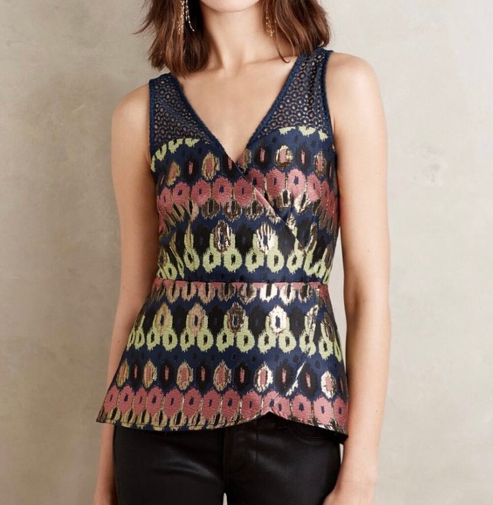 Anthropologie HD in Paris Eyelet Lace Metallic Brocade Peplum Top sz 2